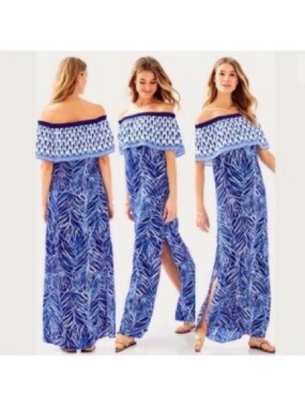 Like New Lilly Pulitzer Small Maxi Dress Blue Alicia Twilight Early Riser Parrot